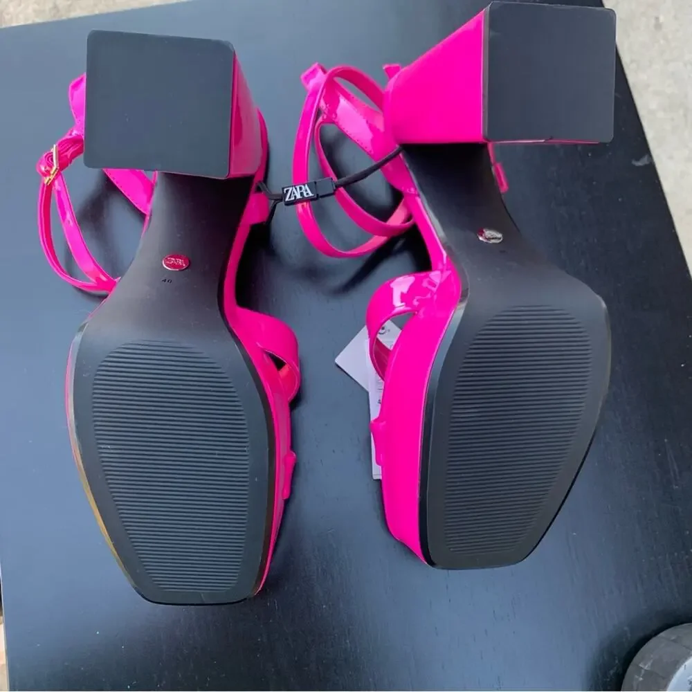 ZARA NEON BARBIE PINK PATENT STRAPPY CHUNKY PLATFORM HEEL SANDALS SIZE 9